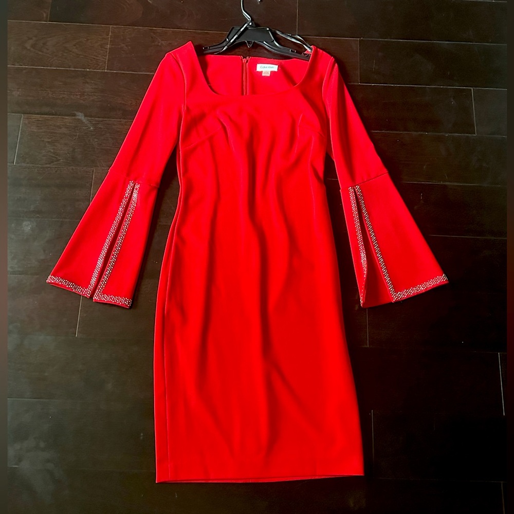 Calvin Klein red dress with flared sleeves
